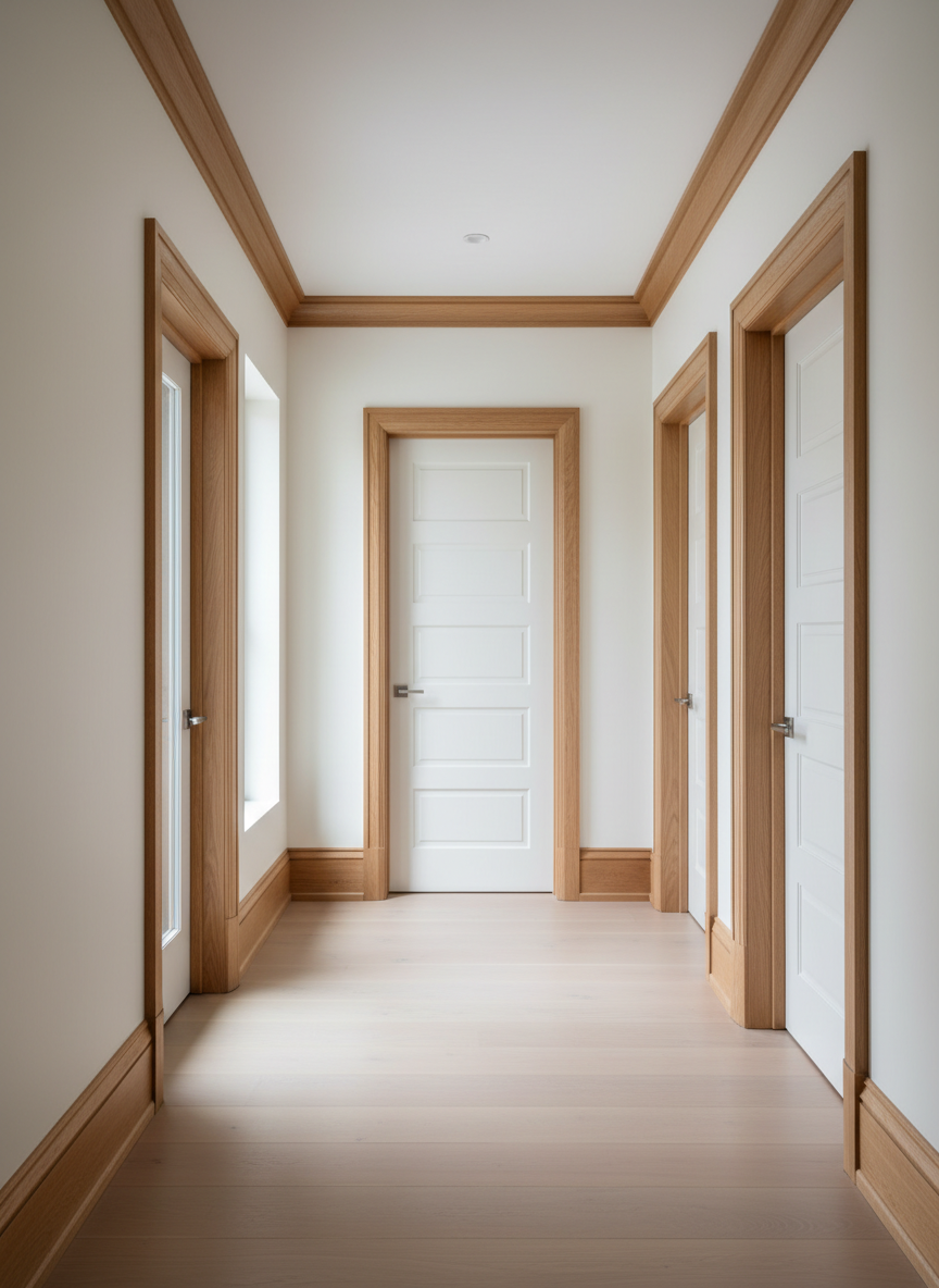A bright, meticulously finished interior hallway showcasing premium custom carpentry, with smooth white walls contrasted by rich, natural oak baseboards, door casings, and crown molding. Several solid-core doors with elegant, minimalist panels and perfectly aligned frames line the corridor, each with modern brushed metal hardware. Soft daylight enters from an unseen window, creating gentle highlights along the crisp edges of the trim and subtle shadows in the panel profiles. Photographic realism, eye-level composition with sharp focus throughout, emphasizing the precision of joints and miters. The atmosphere feels professional, clean, and high-end, ideal for a residential project in New York or New Jersey that highlights expert interior carpentry craftsmanship.